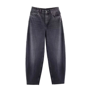 Vintage dark gray high waisted tapered barrel jeans with washed denim texture finish