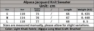 Size guide for light khaki alpaca jacquard knit sweater with detailed measurements