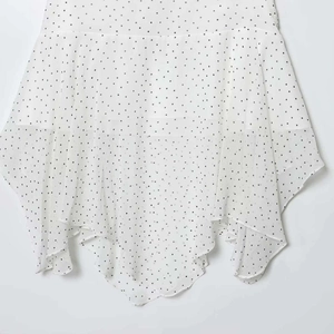 Summer asymmetric white chiffon skirt with black polka dot pattern and irregular hem