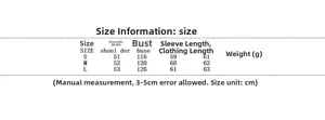 Size chart for women's winter padded jacket showing S, M, L measurements in centimeters