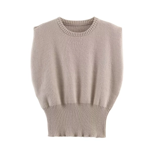 Women Casual Knit Vest Sleeveless Round Neck Sweater Ribbed Hem Soft Solid Color Polyester Top For Daily Wear Fashion