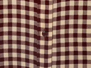 Macro shot of burgundy gingham shirt fabric with a polished resin button detail