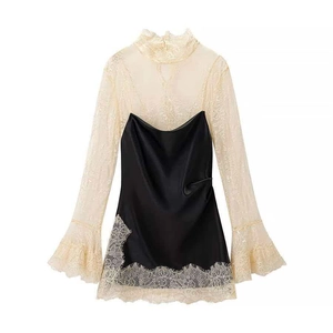 Women Elegant Lace Patchwork Satin Dress Retro High Neck Flare Sleeve Black Beige Slim Fit Party Midi Dress