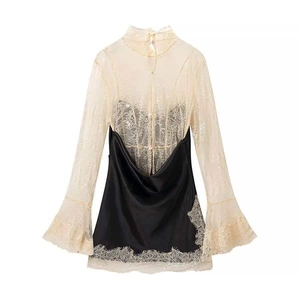 Elegant lace satin dress featuring high collar flare sleeves and contrast black skirt
