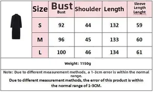 Size chart for women's long wool coat showing measurements for S, M, and L sizes