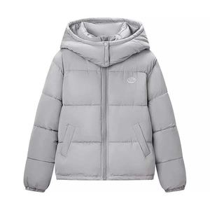 Women's light grey hooded winter puffer jacket with front zipper and brand badge