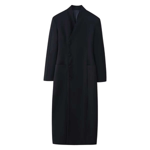 Men's black long wool coat featuring a unique cross stand collar and slim fit tailoring