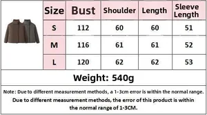 Size guide table for women's padded winter jacket with measurements for S M and L sizes