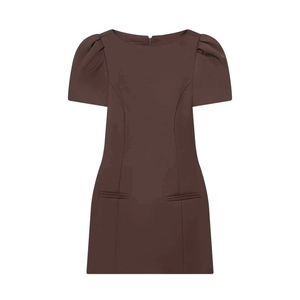 Women's Elegant Dark Brown Puff Sleeve Mini Dress Slim Fit Waist Cinching Round Neck Short Sleeve Woven Summer Dress