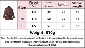 Size chart showing bust, shoulder, and sleeve length for women's padded jacket coat