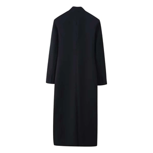 Classic black long wool coat with stand collar and sleek back view tailored fit