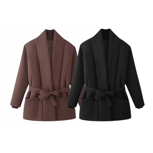 Women Casual Quilted Padded Jacket Tie Waist Belt Solid Color Mid Length Warm Winter Coat Long Sleeve Outwear