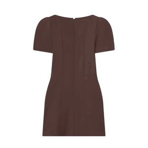 Deep brown puff sleeve waist-fitted mini dress with back zipper closure for a chic summer look