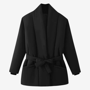 Women's black quilted cotton jacket with V-neck wrap design and tie-up waist belt
