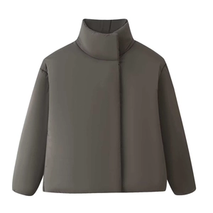 Minimalist dark taupe winter jacket with high stand collar and oversized puffer silhouette