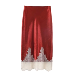 Women Elegant Satin Midi Skirt With White Lace Trim High Waist Wine Red Patchwork Slip Skirt For Commuting Party Lady