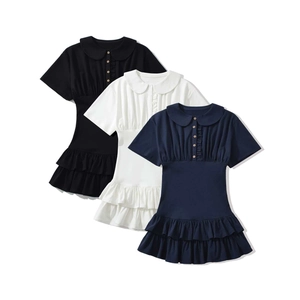 Women Cotton Blend Peter Pan Collar Ruffle Hem Mini Dress Sweet Pleated High Waist Short Sleeve Skirt Dress