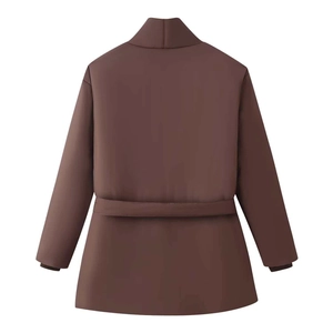 Women's minimalist dark brown quilted jacket with belted waist and stand collar back view