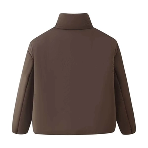 Women's dark brown puffer jacket with high collar and wide quilting back view