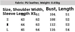 Size guide for PU leather jacket with shoulder, sleeve, bust and length measurements