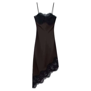 Robe Nuisette Sexy en Satin et Dentelle pour Femme Ourlet Asymétrique Bretelles Spaghetti Couleur Unie Sans Manches Robe Midi