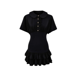 Elegant black short sleeve dress with Peter Pan collar and layered ruffle hem