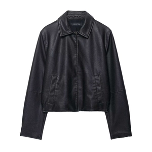 Women Casual Faux Leather Jacket Loose Fit Black PU Biker Coat Turn Down Collar Long Sleeve Zip Up Outerwear For Fall Spring