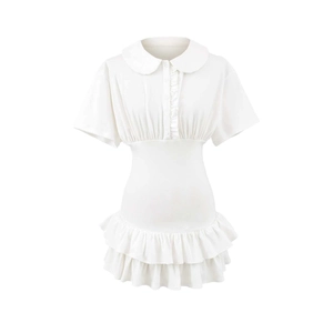 White short sleeve mini dress with Peter Pan collar and ruffled waist details