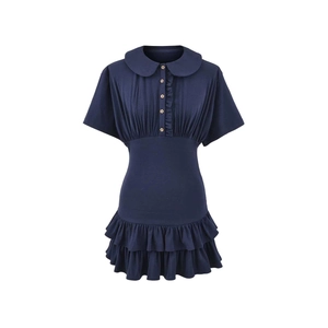 Navy blue short sleeve mini dress featuring Peter Pan collar and ruffled skirt tiers