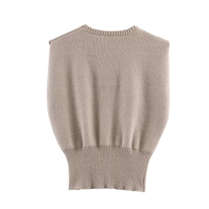 Back view of loose-fit khaki sleeveless knit vest with ribbed crewneck and hem details