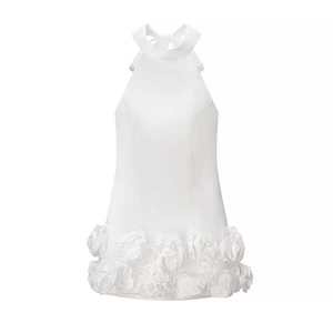 Women Elegant White Halter Neck Satin Mini Dress With Large Bow And 3D Floral Hem Sexy Slim Fit Party Banquet Short Dress