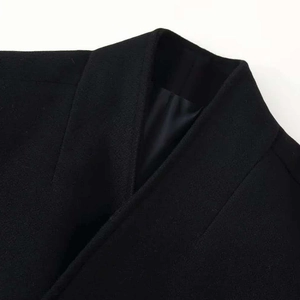 Detailed close-up of a classic black wool coat with stand collar and elegant stitching