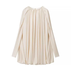Damen Elegant Plissee Rundhalsausschnitt Langarm Cape Poncho Minikleid Locker Einfarbig Satin Look Sommer Kurzes Kleid