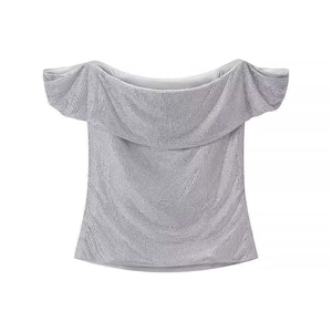 Damen Silber Strass Schulterfrei Top Sexy Pailletten Mesh Ärmellos Slim Fit Party Clubwear Streetwear