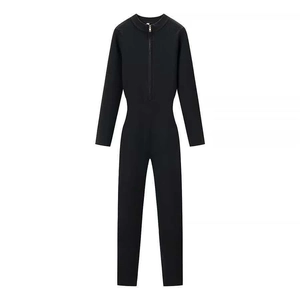 Women's slim fit long sleeve knit jumpsuit with half-zipper neckline in solid black color