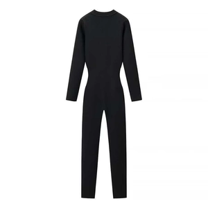 Back view of a black slim-fit knitted jumpsuit with a round neck and long sleeves