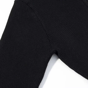 Detailed close-up of black ribbed knit fabric showing vertical texture and stitching