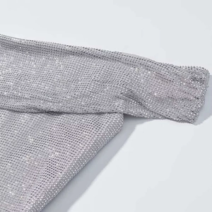 Makrodetail aus silbernen Pailletten und glitzerndem Strass-Netzgewebe auf dem schulterfreien Oberteil