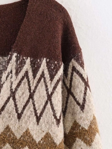 Detailed close-up of vintage argyle pattern and soft knit texture on this warm sweater
