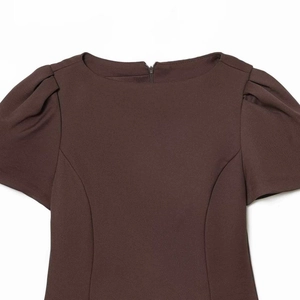 Deep brown puff sleeve waist-cinched dress with round neck and hidden back zipper detail
