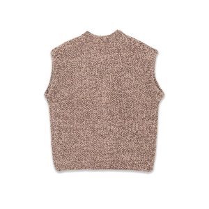 Women's brown speckled knit vest with sleeveless design and a round neckline on white background