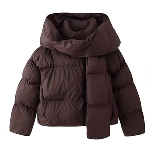 Veste Matelassée D'hiver À Capuche Pour Femme Avec Écharpe Amovible Manteau Rembourré Court Marron Chocolat Streetwear