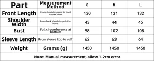 Size chart detail for wool coat showing length, shoulder, and chest measurements in cm