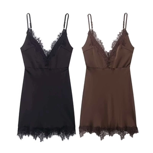 Sexy Sottoveste in Raso Mini da Donna Scollo a V Patchwork in Pizzo Spalline Regolabili Senza Maniche Abito da Festa Camicia da Notte