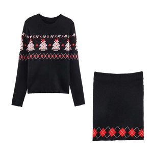 Dames Gebreide Kerstboom Jacquard Ronde Hals Trui Met Lange Mouwen En Bodycon Minirok Feestelijke Winter Outfit