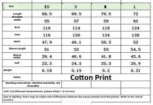 Size chart for striped cotton shirt including chest and length metrics from XS to L