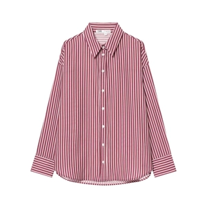 Women Casual Striped Long Sleeve Shirt Button Down Lapel Blouse Loose Oversized Burgundy White Commuter Tops Autumn Clothing