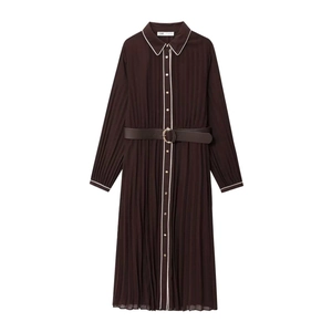 Robe Midi Plissée Marron Foncé Élégante Femme Manches Longues Robe Travail Bureau Avec Ceinture Réglable Taille