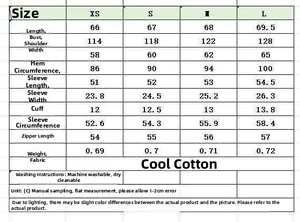 Detailed size chart for faux fur collar bomber jacket showing dimensions and measurements