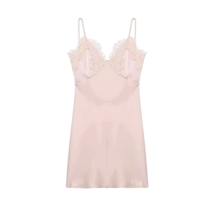 Nuisette Sexy pour Femme en Satin Rose Clair avec Bordure en Dentelle Col en V Dos Nu Robe de Nuit pour Maison